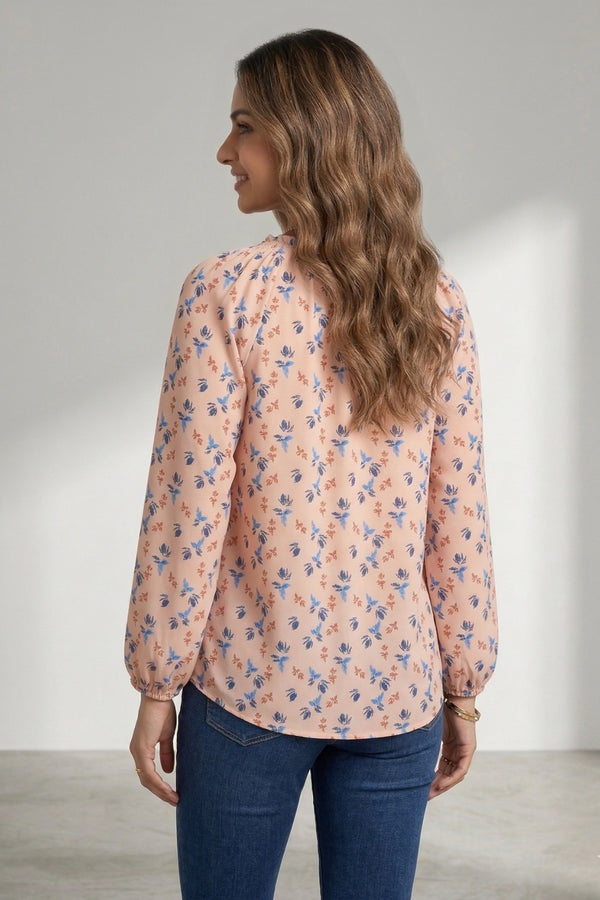 Women Peach Floral Print Peasant Style Top