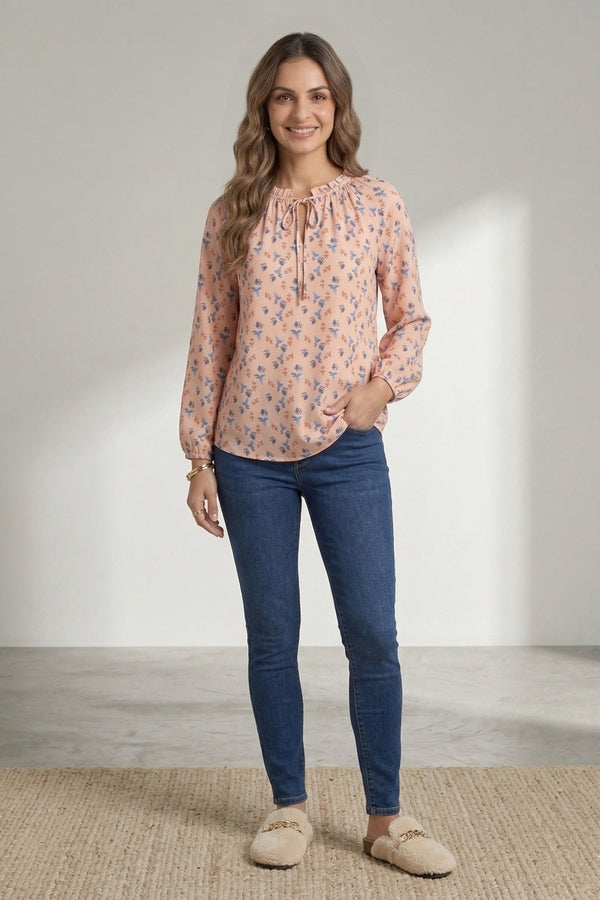 Women Peach Floral Print Peasant Style Top