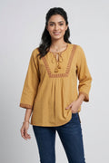 Womens Mustard Embroidered Tie-Up Neck Pleated Top