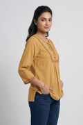 Womens Mustard Embroidered Tie-Up Neck Pleated Top