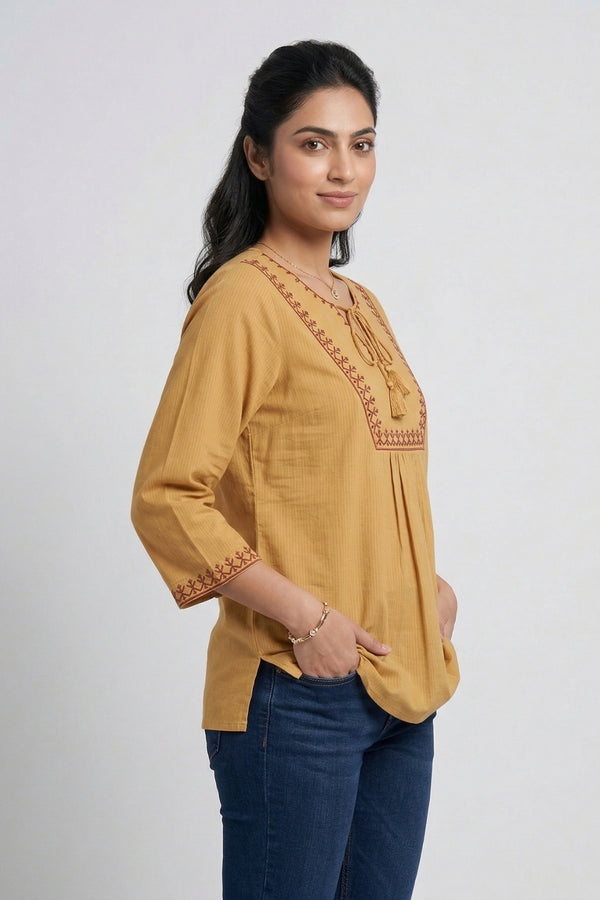 Womens Mustard Embroidered Tie-Up Neck Pleated Top