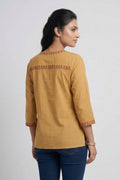 Womens Mustard Embroidered Tie-Up Neck Pleated Top
