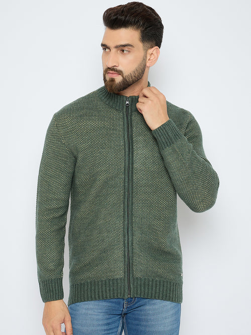 Axmann Men's Olive Green Textured Full-Zip Sweater
