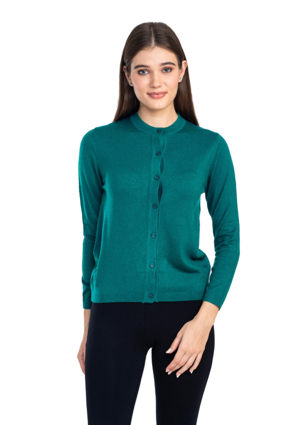 Women's Solid Teal Green Round Neck Knitted Cardigan