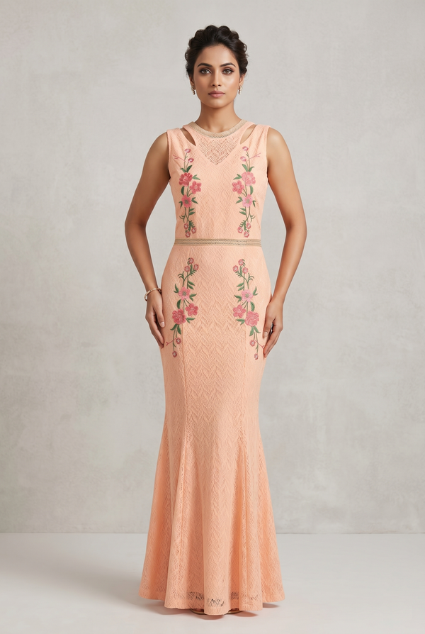 Peach Blossom Embroidered Mermaid Dress