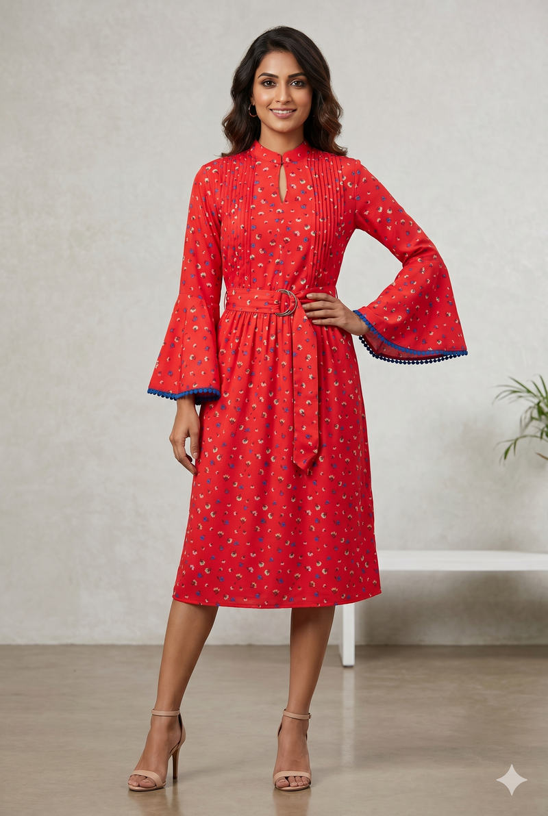 Women's Red Floral Printed Belted Midi Dress with Bell Sleeves
