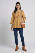 Womens Mustard Embroidered Tie-Up Neck Pleated Top