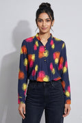 Womens Abstract Print Mandarin Collar Shirt Top