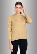 Women's Solid Beige Round Neck Knitted Cardigan