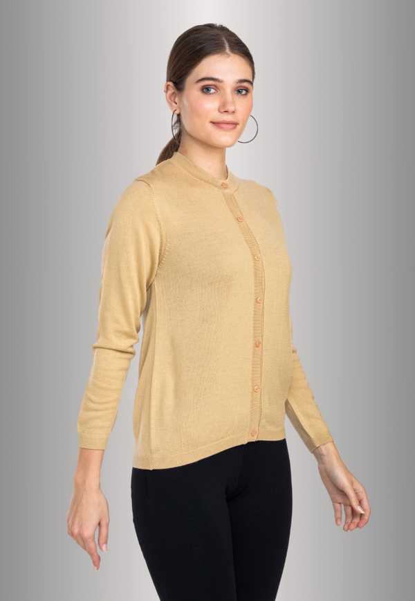 Women's Solid Beige Round Neck Knitted Cardigan