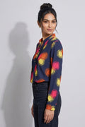 Womens Abstract Print Mandarin Collar Shirt Top