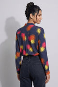 Womens Abstract Print Mandarin Collar Shirt Top