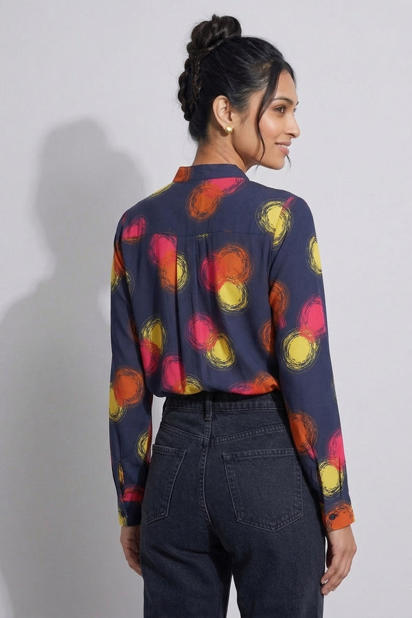 Womens Abstract Print Mandarin Collar Shirt Top