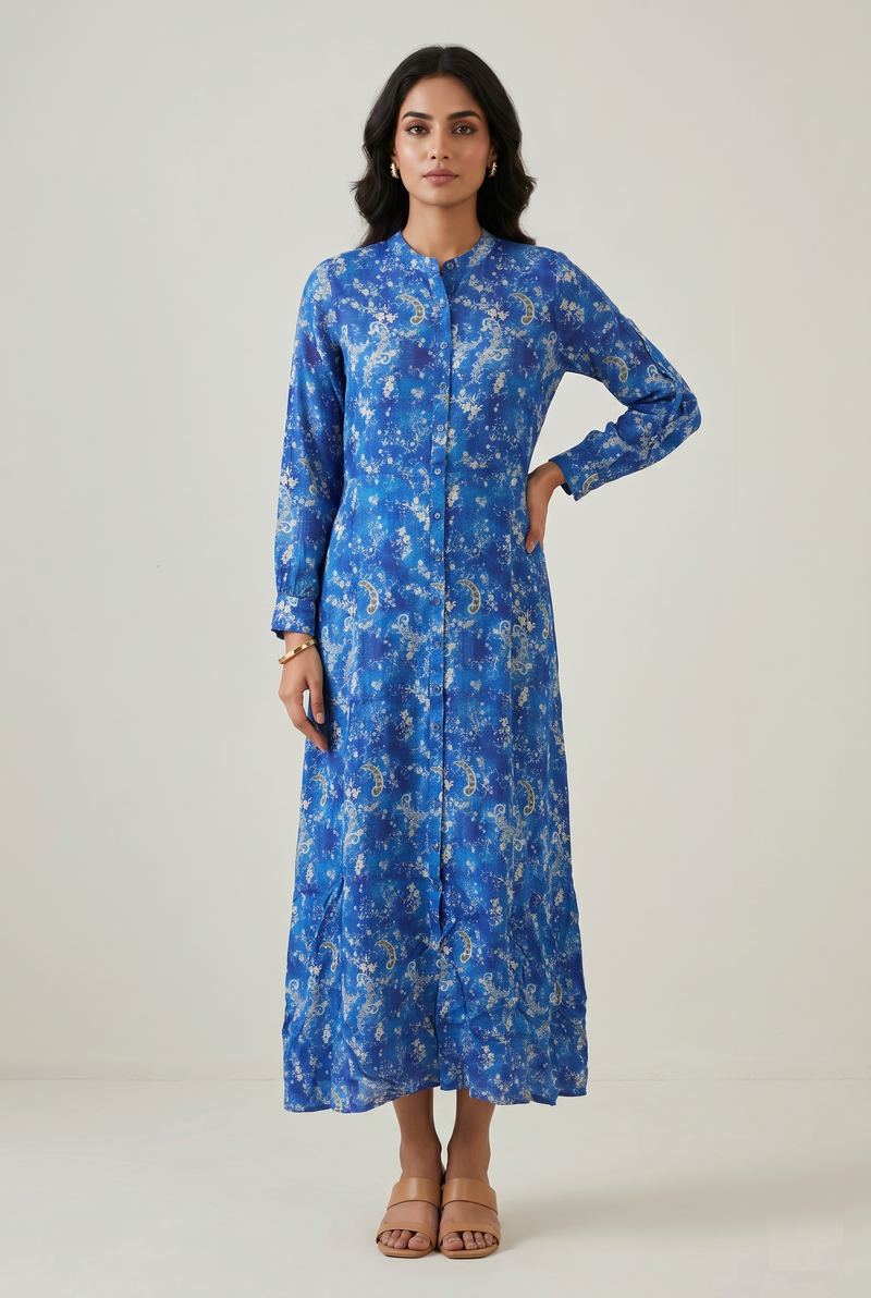 Royal Azure Paisley Shirt Dress