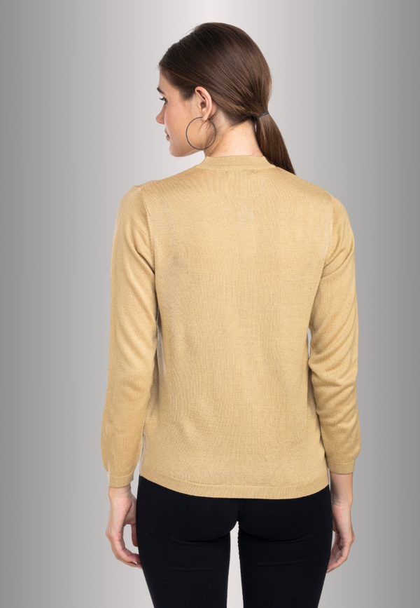 Women's Solid Beige Round Neck Knitted Cardigan