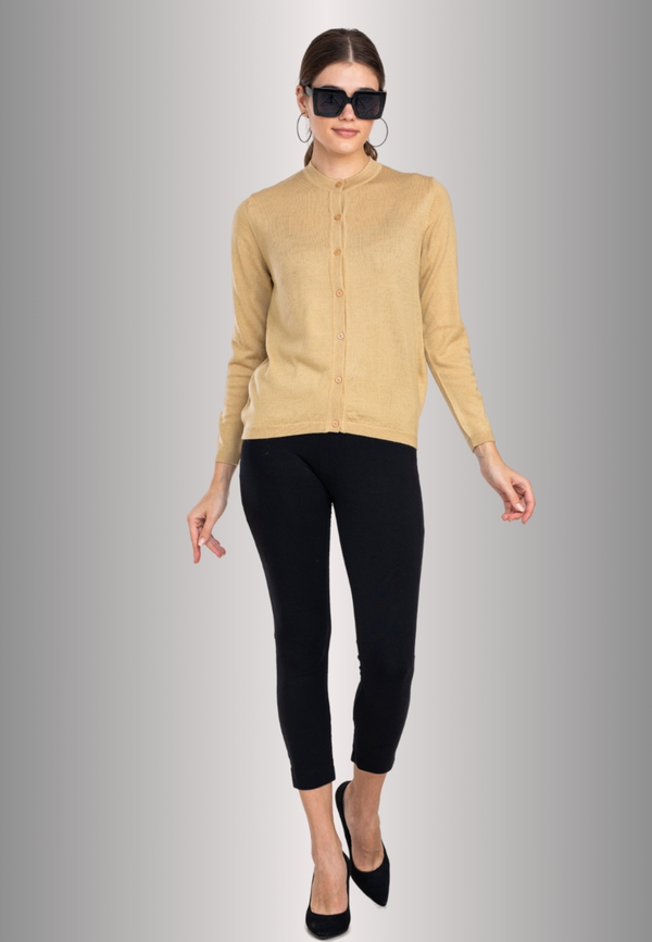 Women's Solid Beige Round Neck Knitted Cardigan
