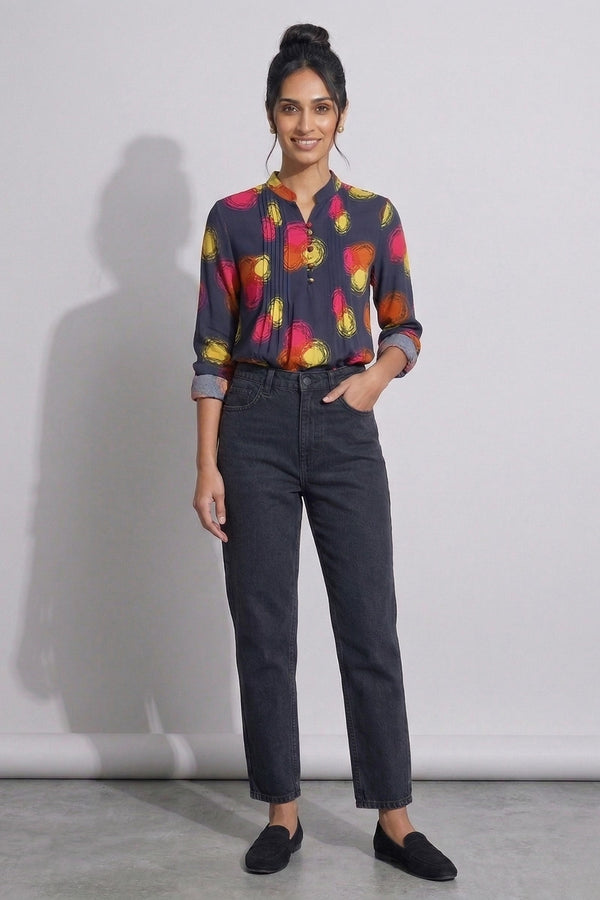 Womens Abstract Print Mandarin Collar Shirt Top