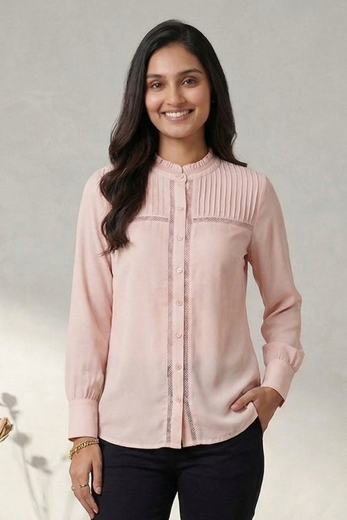 Blush Pink Pintuck Detail Mandarin Collar Shirt