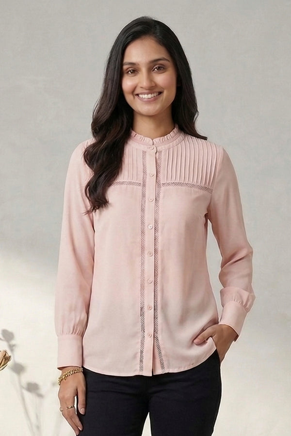 Blush Pink Pintuck Detail Mandarin Collar Shirt