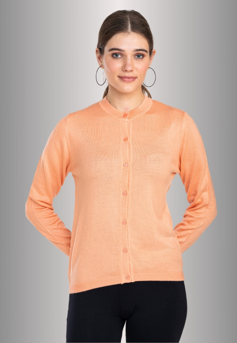 Women's Solid Peach Round Neck Knitted Cardigan