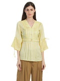 Self designed solid plated V neck with waist belt Top