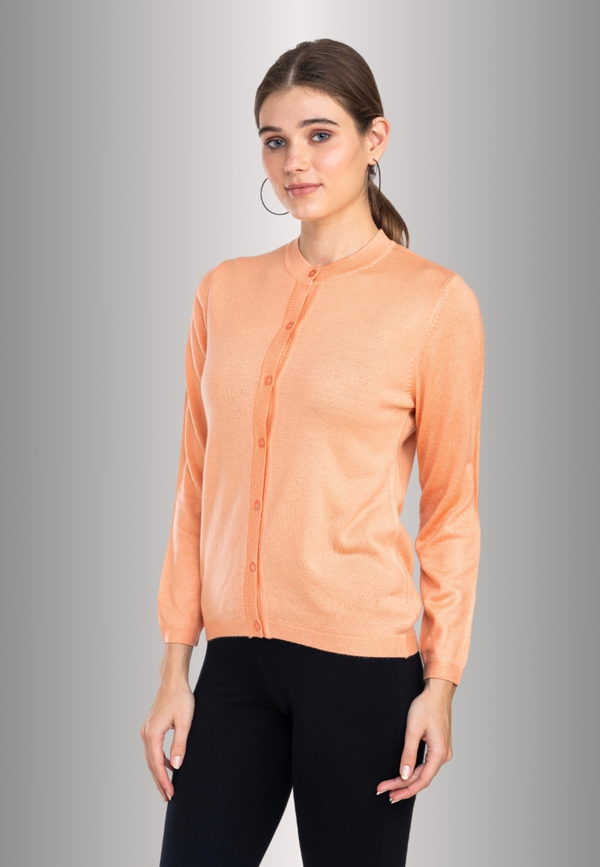 Women's Solid Peach Round Neck Knitted Cardigan