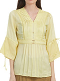 Self designed solid plated V neck with waist belt Top