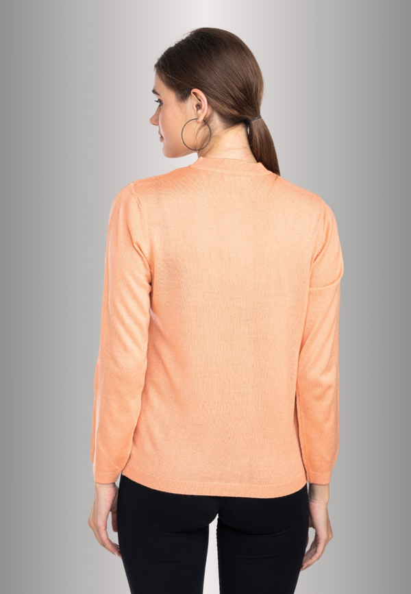 Women's Solid Peach Round Neck Knitted Cardigan