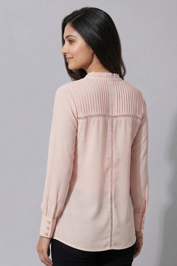 Blush Pink Pintuck Detail Mandarin Collar Shirt