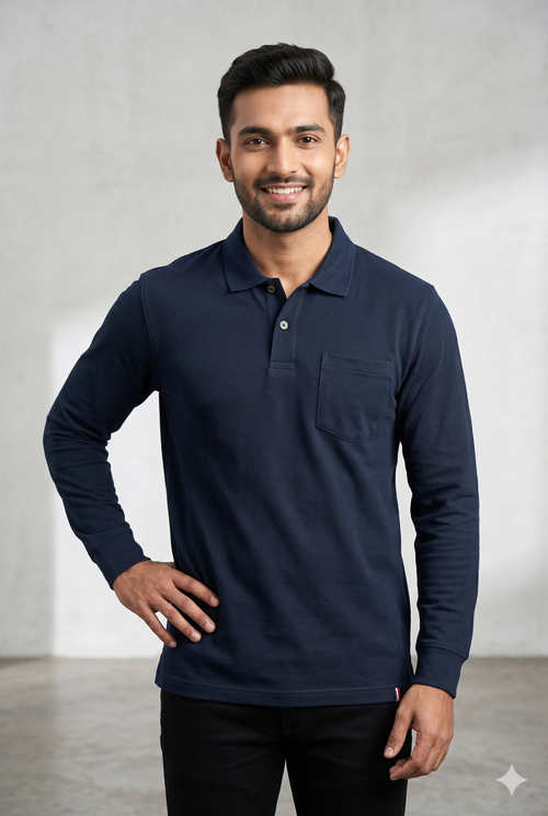 Men's Navy Blue Full Sleeve Polo T-Shirt