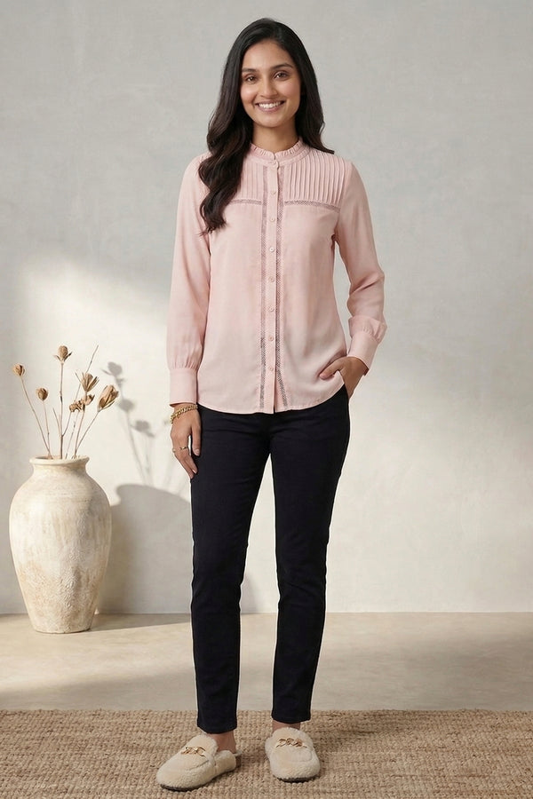 Blush Pink Pintuck Detail Mandarin Collar Shirt