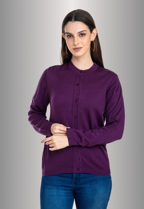 Women's Solid Plum Purple Round Neck Knitted Cardigan