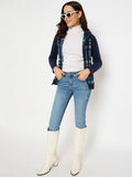 Moda Elementi Stylish Navy Blue Hooded Jacket with Plaid Paneling