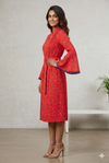 Women's Red Floral Printed Belted Midi Dress with Bell Sleeves