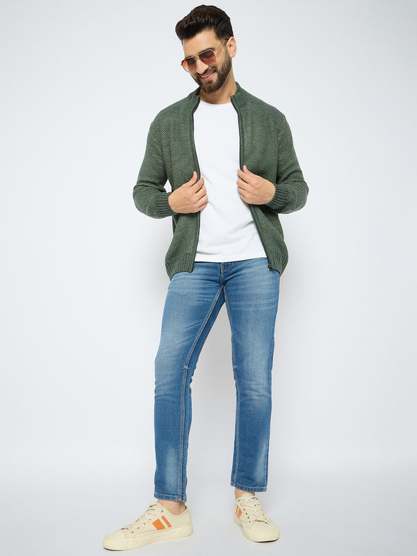 Axmann Men's Olive Green Textured Full-Zip Sweater