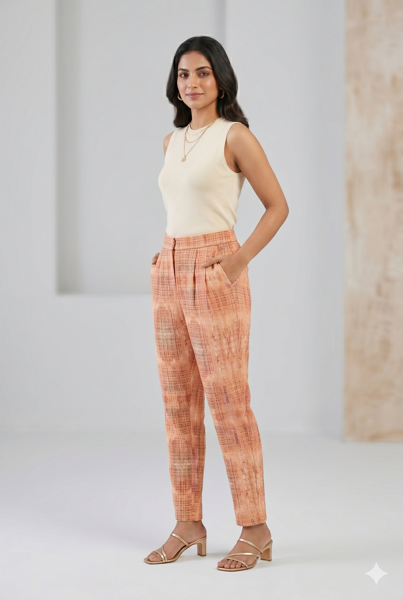 Women's Peach Printed High-Rise Tapered Pants