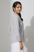 Womens Grey Pintuck Lace Detail Mandarin Collar Shirt