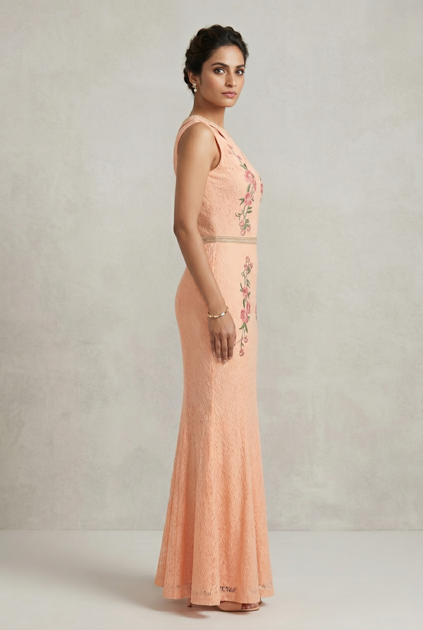 Peach Blossom Embroidered Mermaid Dress