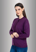 Women's Solid Plum Purple Round Neck Knitted Cardigan