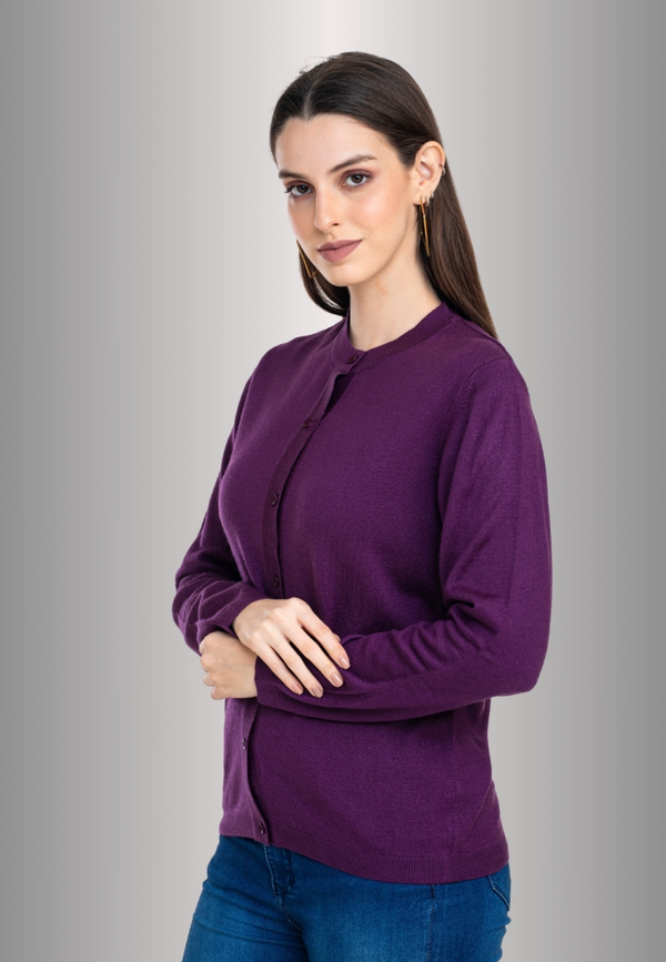 Women's Solid Plum Purple Round Neck Knitted Cardigan
