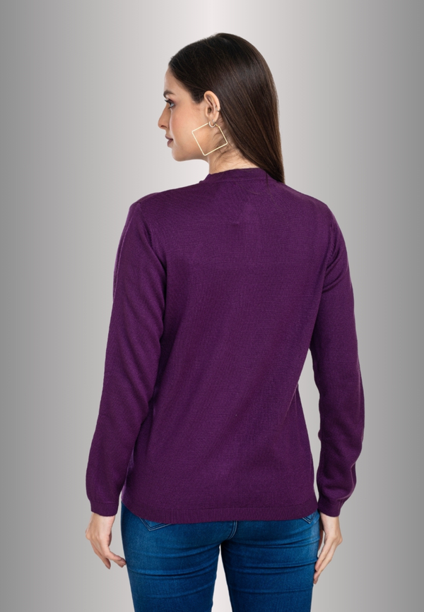 Women's Solid Plum Purple Round Neck Knitted Cardigan