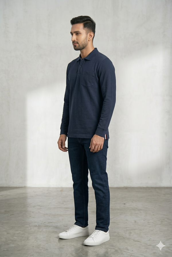 Men's Navy Blue Full Sleeve Polo T-Shirt
