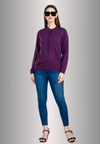Women's Solid Plum Purple Round Neck Knitted Cardigan