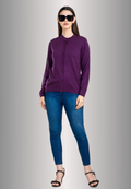 Women's Solid Plum Purple Round Neck Knitted Cardigan