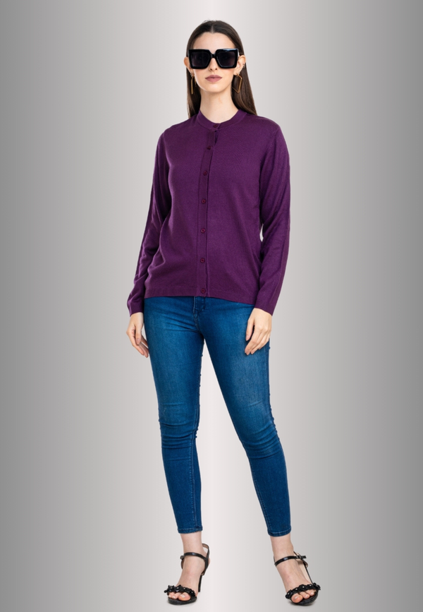 Women's Solid Plum Purple Round Neck Knitted Cardigan