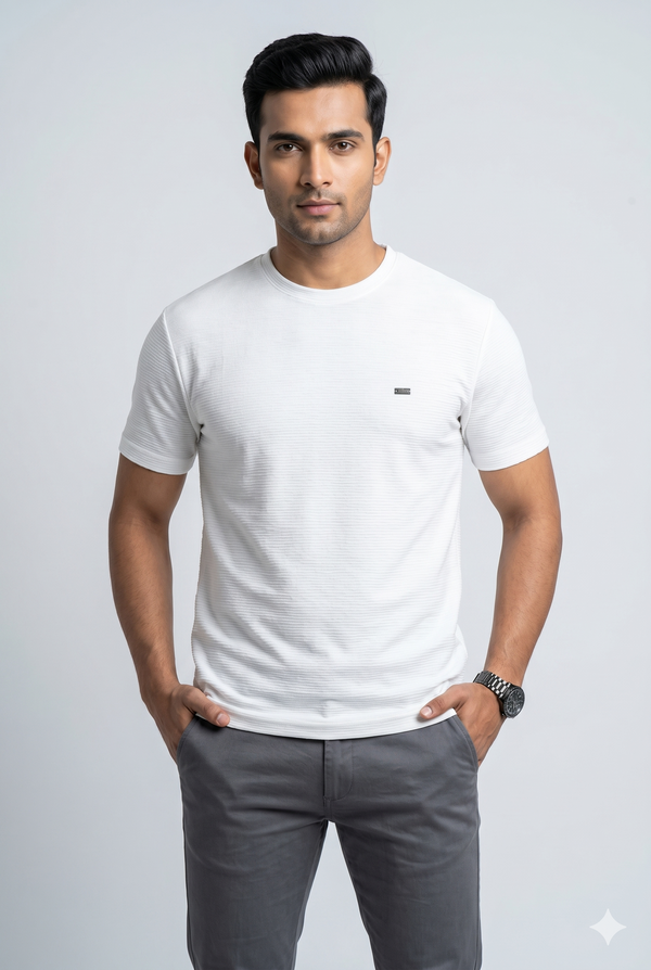 Men's White Textured Crew Neck T-Shirt