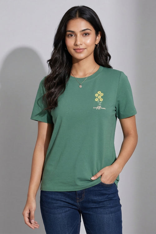 Green Crew Neck Printed T-Shirt