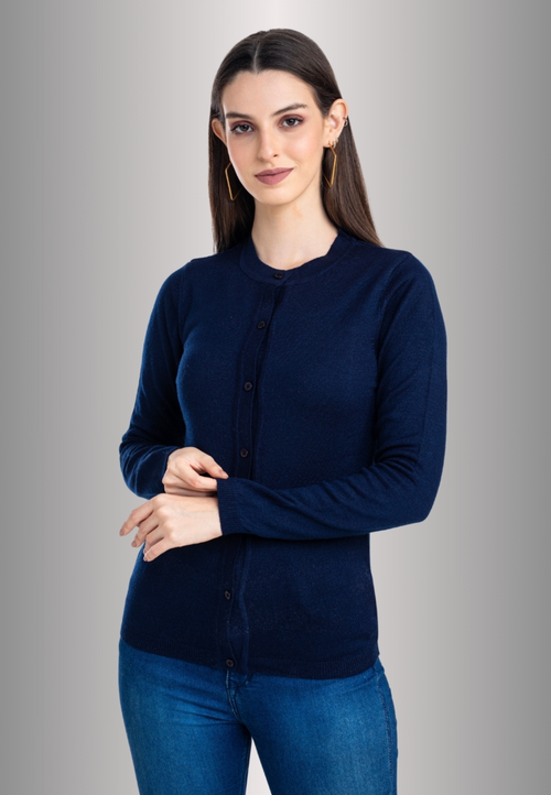 Women's Solid Navy Blue Round Neck Knitted Cardigan