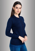 Women's Solid Navy Blue Round Neck Knitted Cardigan