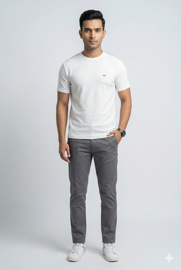 Men's White Textured Crew Neck T-Shirt